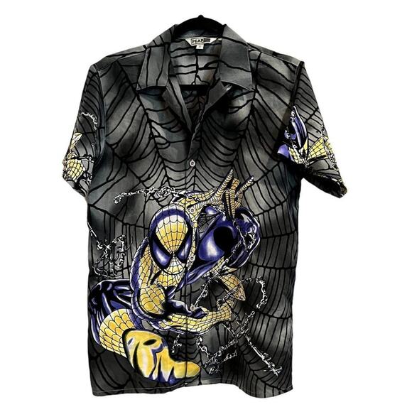 Vintage Pear Bay Shirt Boys 18 Gray Black SpiderMan Camp Collar Button Up Retro - Picture 1 of 5